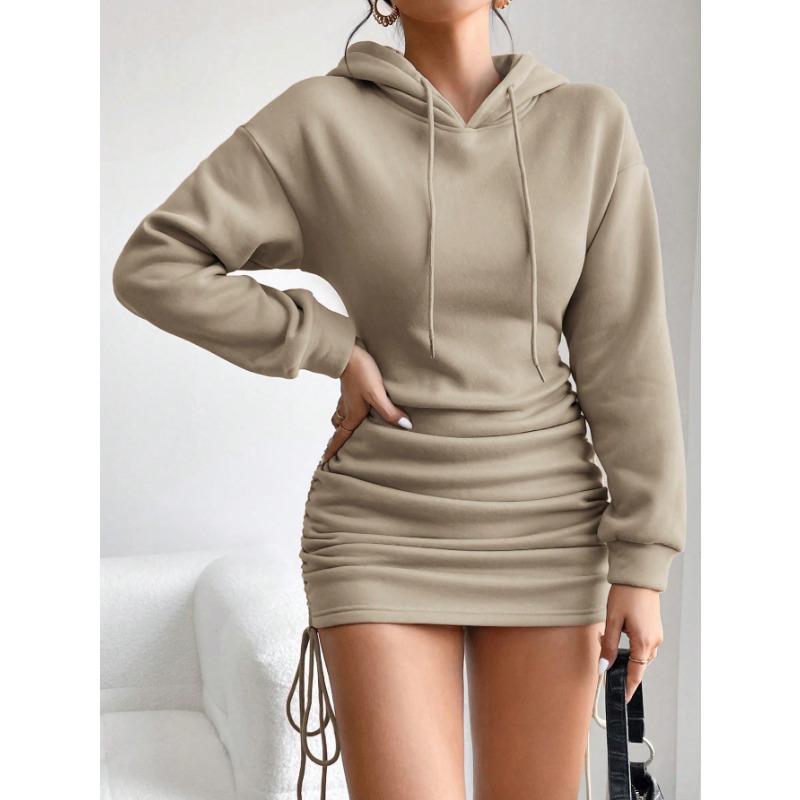 Women Fashion Side Drawstring Pleated Hooded Long Sleeve Sweatshirt Dress