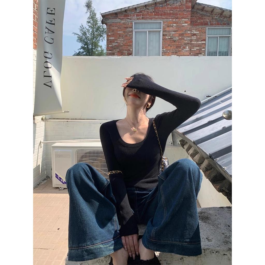 Neck Pit Strip Knitted Bottoming Shirt Women's Spring Slim-fitting Front Shoulder Inner Top Autumn and Winter Soft Waxy Sweater