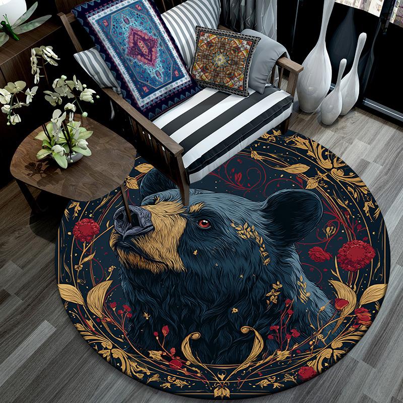 Black Bear Round Area Rug,Carpet Rug for Living Room Bedroom Sofa Playroom Decor,Non-slip Floor Mat