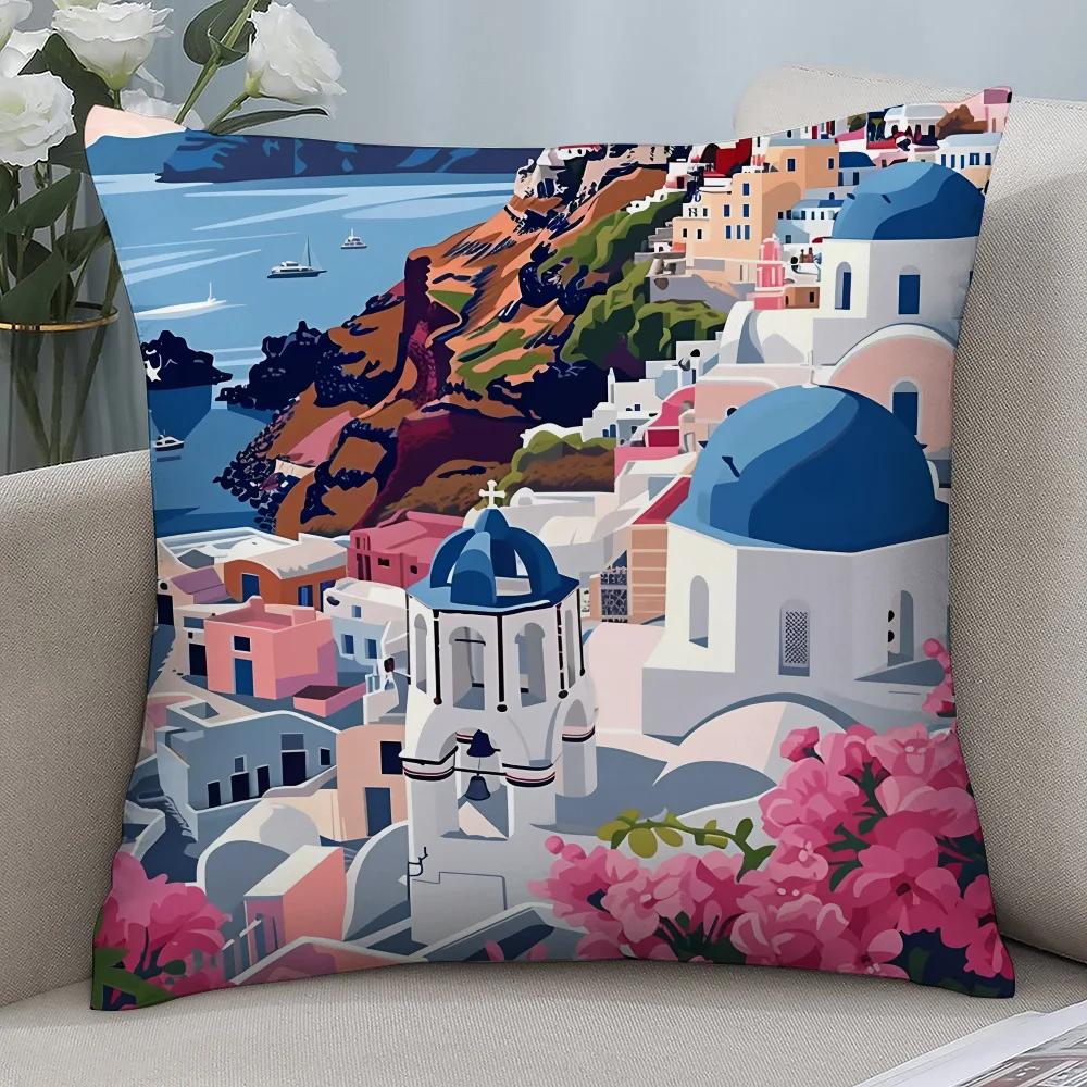 Santorini Landscape Pillow Case Short Plush Pillow Covers Sofa Decorative Gift Home Double-Sided Printing Cushion Cover