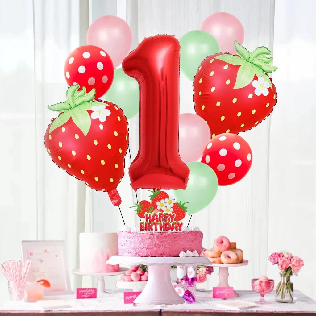 13pcs strawberry balloon aluminum foil balloon set with polka dot latex balloons for birthday party and anniversary decoration