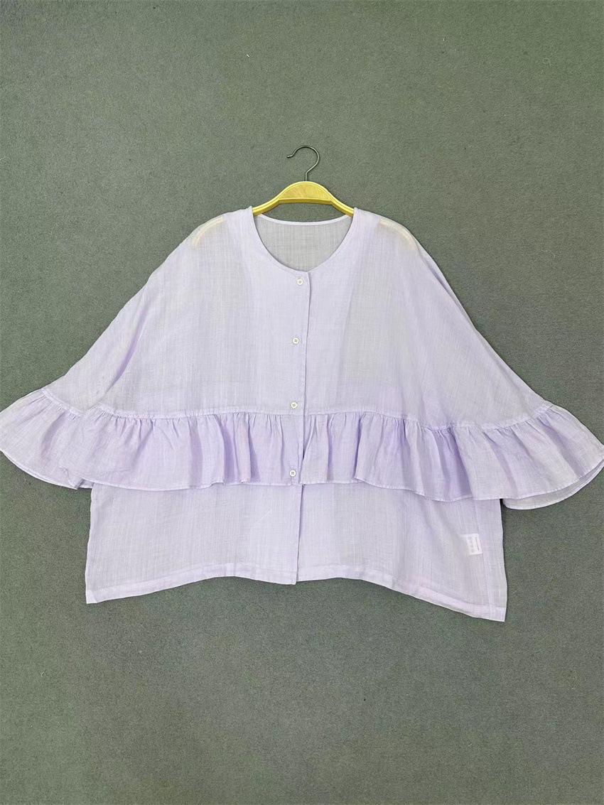 

Johnature Літні сорочки з круглим вирізом і рюшами. Повсякденні верхні японські жіночі літні сорочки з грибками One Size світло-фіолетового кольору