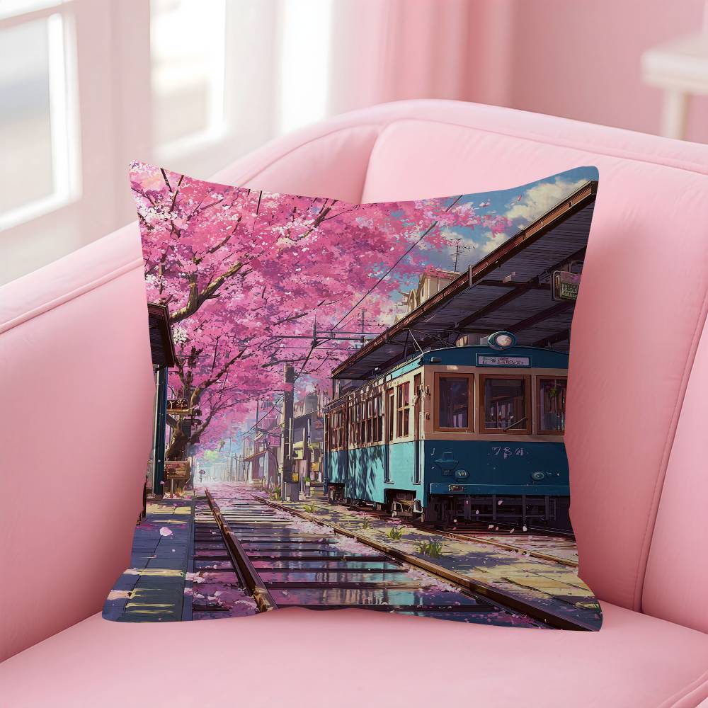 Japanese Street Train Scenery Sakura Cushion Cover Pillow Cover Decor Pillowcase Printed Cushion Case For Couch