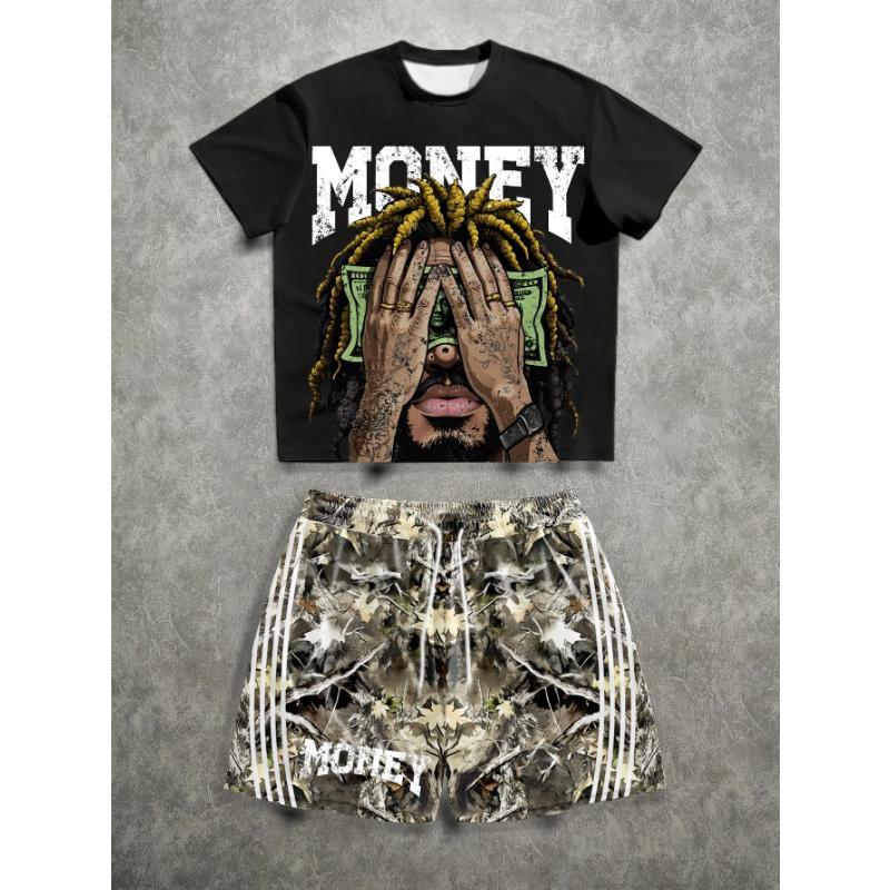 

Men s new summer fashion teddy bear print soft and breathable round neck T-shirt shorts set outdoor casual wear XS