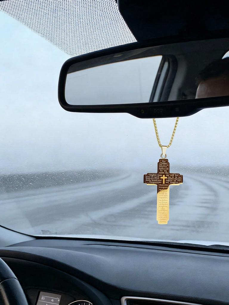 1 Ciondolo per Auto Croce Cristiana in Acciaio Inossidabile - Versetto Biblico Preghiera del Signore, Semplice Ornamento Religioso per Specchietto Retrovisore, Regalo per la Fede