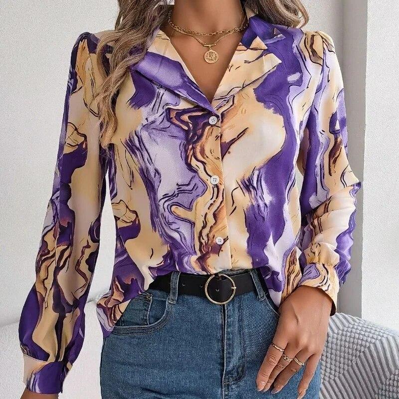 Office Lady Casual Fashion Contrast Color Print Blouse Women Long Sleeve Tops Autumn Winter Elegant Notched Shirt Clothes 28621