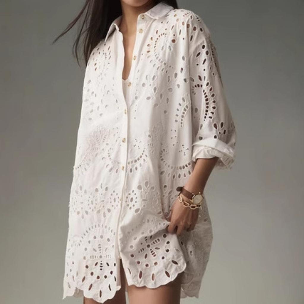 Camicetta da Donna con Collo a Revers Manica Lunga Traforata Vestibilità Larga Camicia Elegante Tunica Monocolore