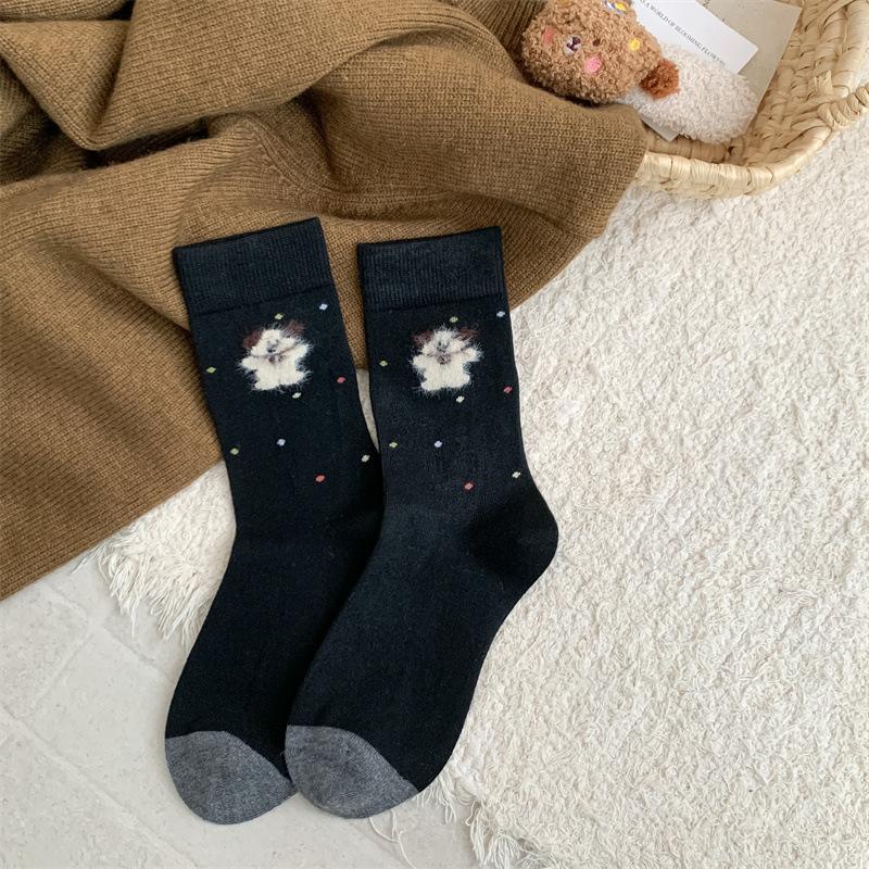 Cute Plush Puppy Cashmere Socks, Women's Mid-calf Socks, Autumn and Winter Thickened and Fleece Warm Cartoon Wool Long Socks