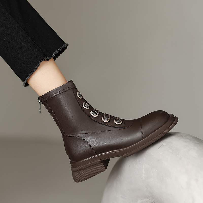 Krazing Pot Podzimní zimní boty z hovězí kůže s kulatou špičkou Kovové zapínání Silný střední podpatek Zip Chelsea Boots Dámské kotníkové boty