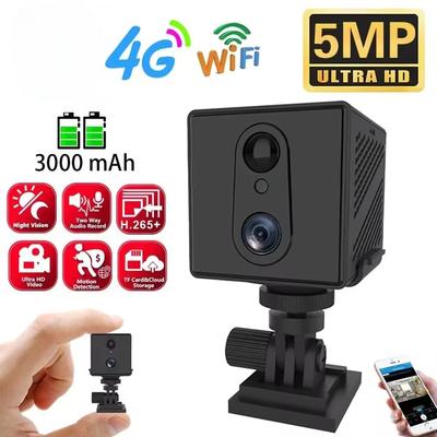 5MP 4G SIM Card Mini Camera Indoor Night Vision Surveillance Security Monitoring Rechargeable 3000 mAh Battery Powered Home Cam