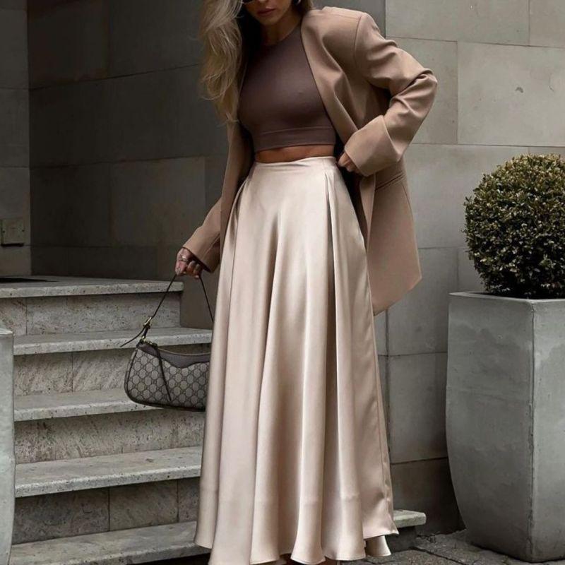 Tooxika Women's Fashionable And Elegant High Waist Versatile Long Satin Skirt