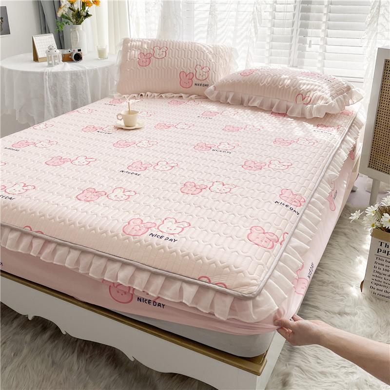 3-teiliges Sommer-Bettrock-Set für Mädchen aus Spitze, Latex, Kühler, weiche Matratzenunterlage, waschbar, Eisseide, Spannbettlaken-Set mit Kissenbezug