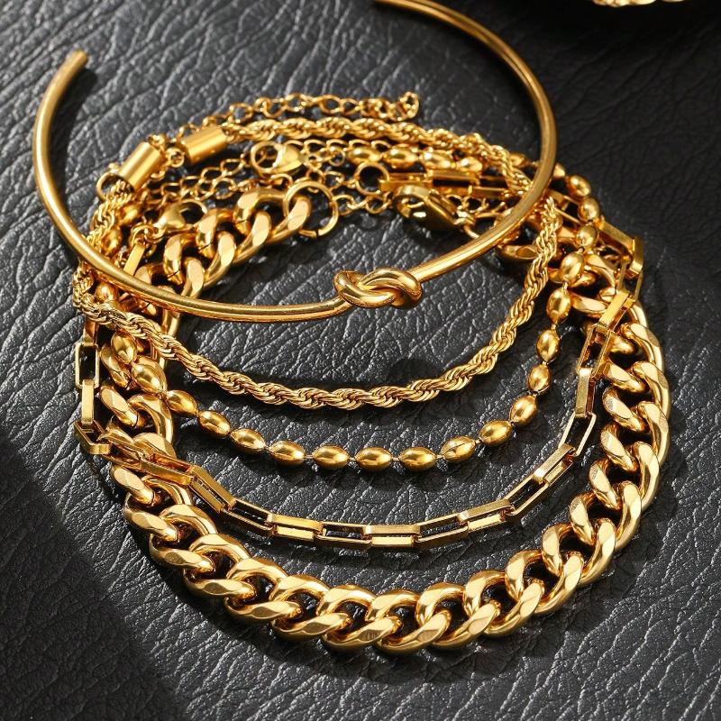 5Pcs/Set Stainless Steel European and American Cross-border Fashion Trend Paperclip Cuban Chain Bracelet Multi-layer Snake Bone Chain Bracelet