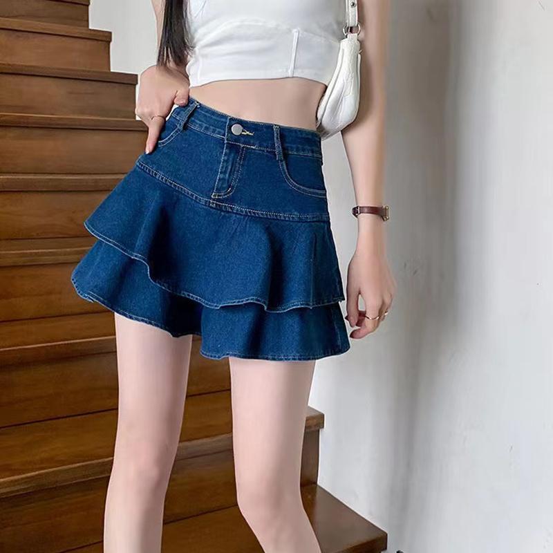 Jupe Vintage Denim Mini Skirts Women Summer Sexy Solid Color Ball Gown Skirts Jeans Female Casual Pocket Slim A-line Mini Skirts Pleated Skirt