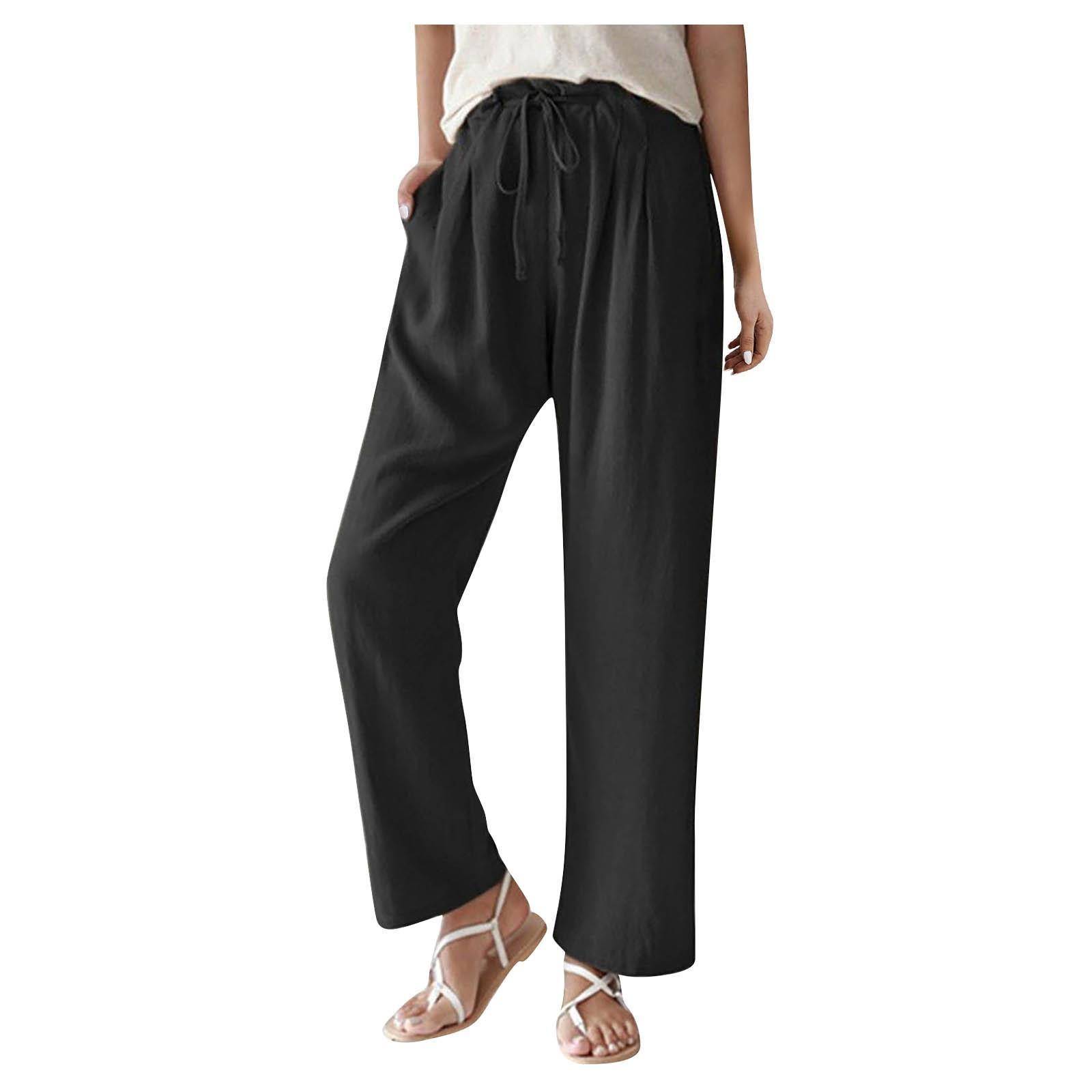 Women s Summer Casual Wide Leg Tie Elastic Waist Pleated Front Pocket Color Wide Leg Dress Pants L