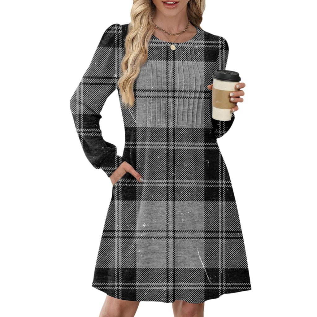 Women's Long Sleeve Pleated Round Neck Plaid Stripe Print Casual Dress With Pockets
