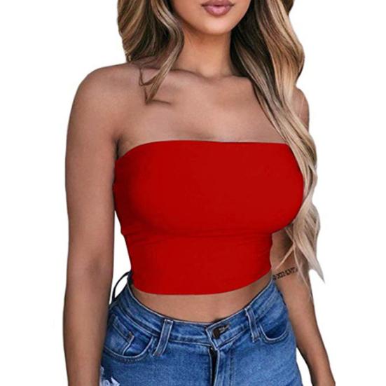 Women Sexy Solid Color Strapless Cropped Mini Bustier Slim Elastic Tube Top
