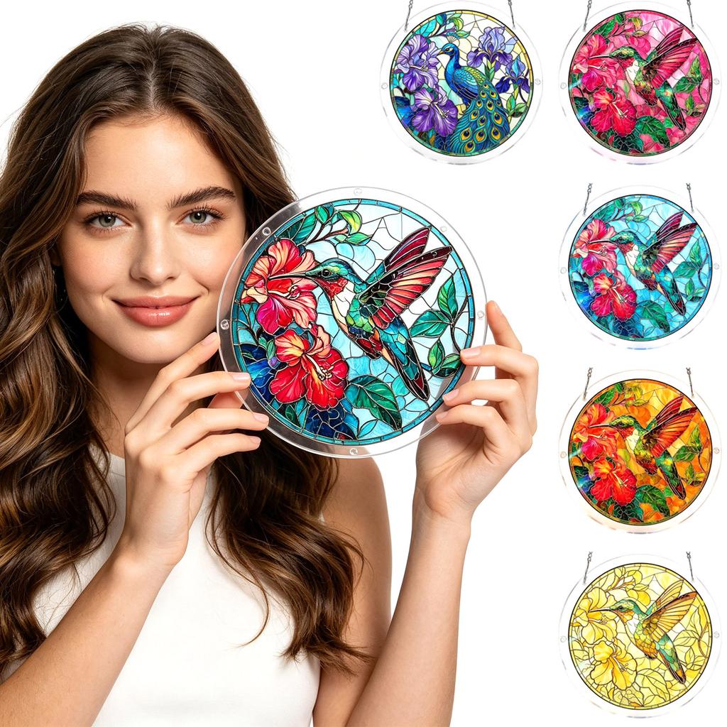 Acrylic Puzzle Hanging Ornament 83 2D Round Suncatcher with Hummingbird and Floral Pattern for Home Window Decor Display