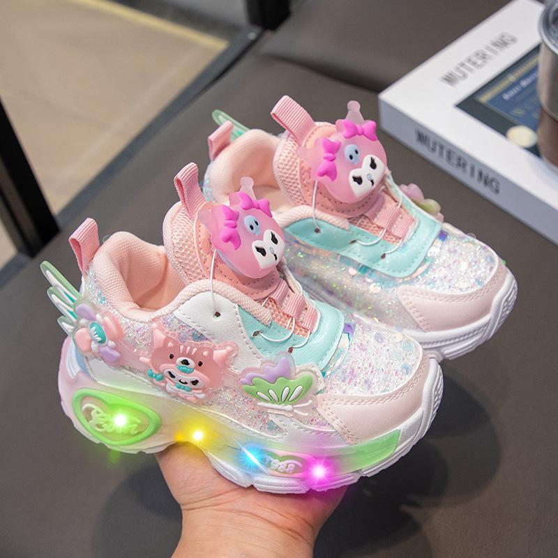 

Girl Cartoon Rotating Button Sneakers - New Style with Soft Sole and Illuminated Shoes 23 розовый