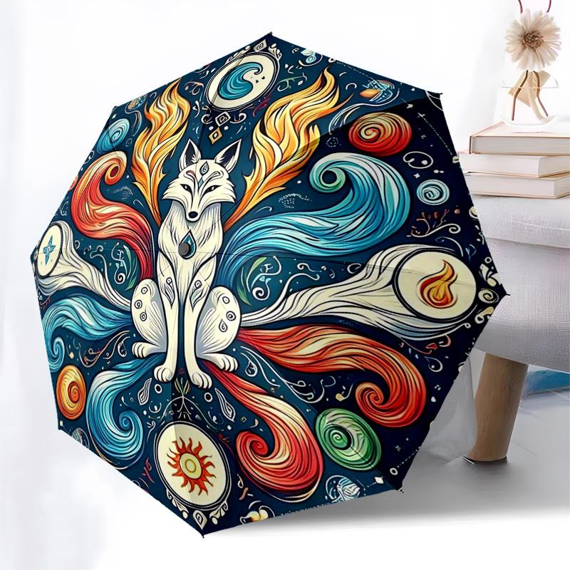 

1pc Colorful Fox Mandala Automatic Opening Folding Umbrella with 8-Bone Iron Frame - Portable Outdoor for Festivals, Travelers, Daily Use, Gift for Fa