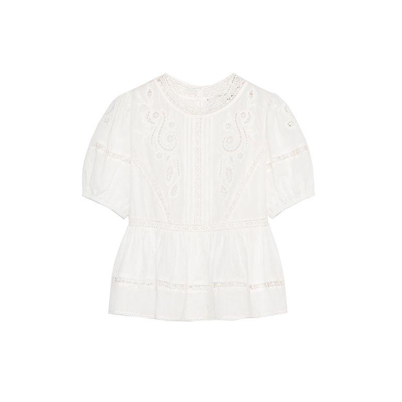 Summer New Arrival Women Clothes Cotton Round Neck Short Sleeve Embroidery Decoration Romantic Style Shirts Top 5107046