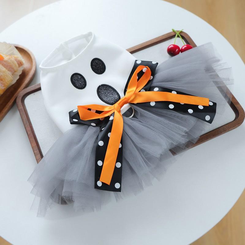 Halloween Ghost Print Polka Dot Bow Tulle Dress Small Dogs Maltese Costume Pet Outfit