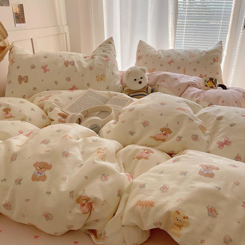 100% Pure Cotton Bed Four-piece Set Skin-friendly Water Wash Bed Sheet Quilt Cover Pillowcase Set