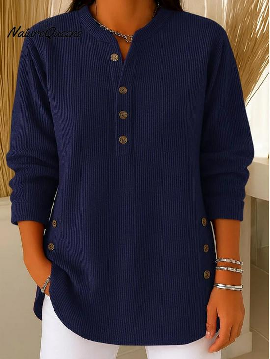 2025 Women's Solid Color Ribbed Single-Breasted Multi-Button Top for Autumn and Winter