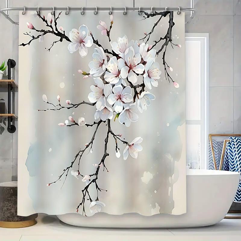 Dunika Chen White/Pink Elegant Blossom Shower Curtain Bathroom Decor With Sakura Flowers Waterproof Durable Easy To Clean And Maintain