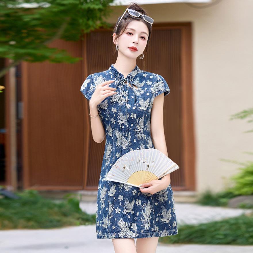 Small dress women's summer design sense improved cheongsam short denim skirt