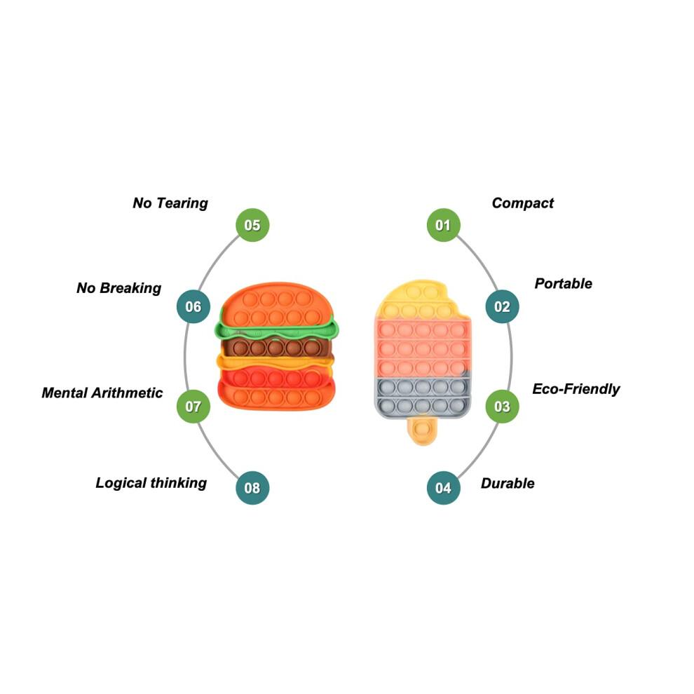 Pop It Fidget Toy Set Burger and Ice Cream Silicone Push Bubble Sensory Stress Relief