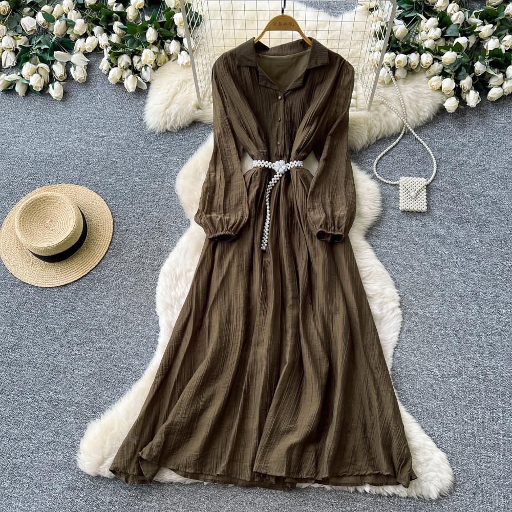 Commuter Blue Pleated Long-sleeved Dress for Women's Summer Waist and Thin Temperament Elegant A-word Temperament Long Dress