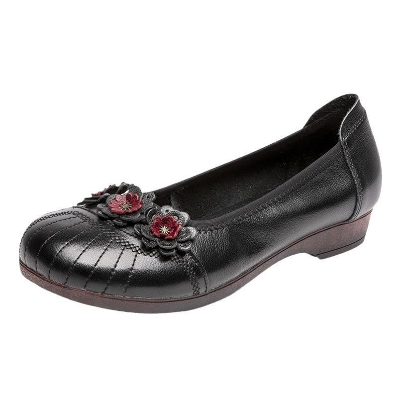 Leather mother shoes beef tendon flat heel shallow mouth round head medium and old flower dancing single shoes women