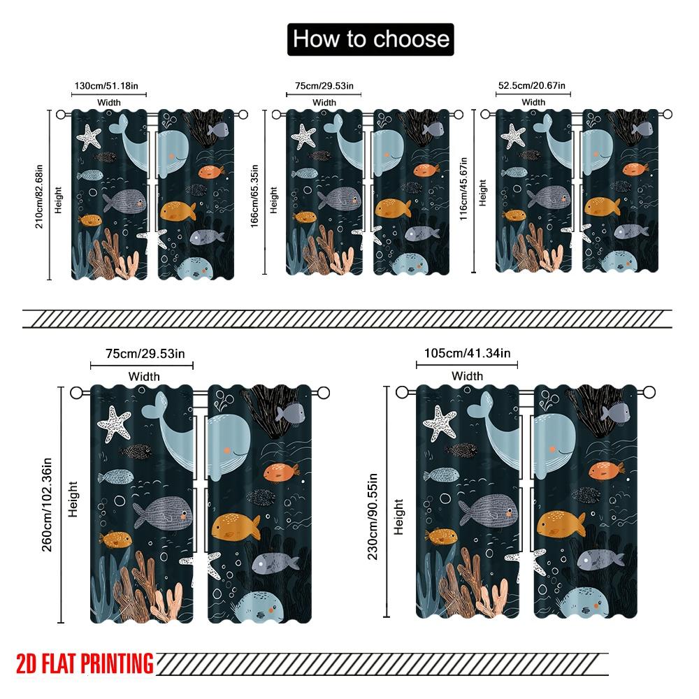 2pcs 2D flat printing Window Curtains Cute Ocean Creatures Cartoon Style Polyester Without Electricity Seasonal Party & Holiday