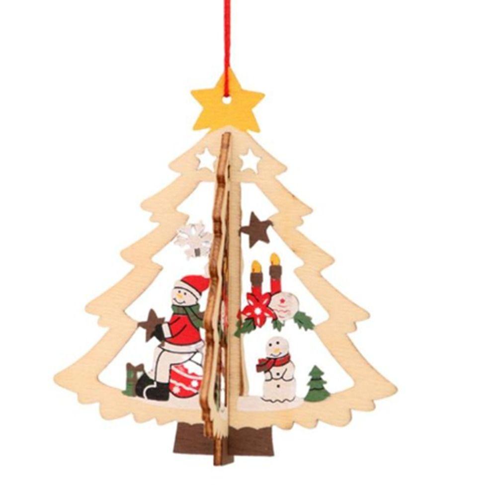 Colorful 2D/3D Christmas Wooden Ornaments Pentagram Snowflake Merry Christmas Wooden Pendant Snowman Hollow New Year
