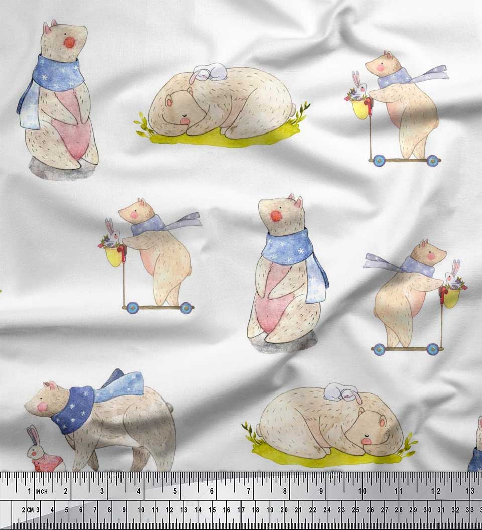 

Тканина Soimoi Japan Crepe Satin Cycle, Rabbit & Bear Kids Print Тканина на метр 42 дюйма 42 Inch Wide - Poly Crepe білий