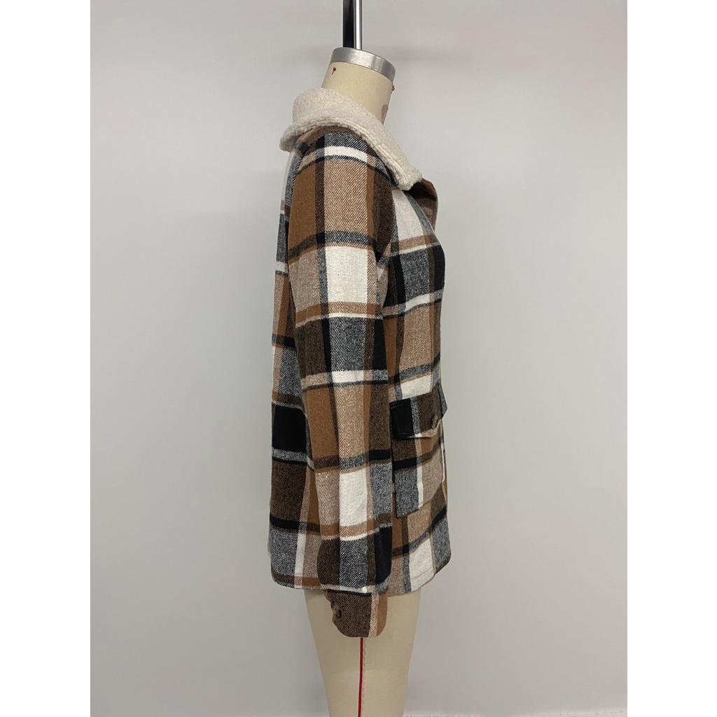 2025 Women's Autumn Winter Vintage Plaid Coat with Fleece Lined Collar - Cross-border Office Casual Versatile Outerwear for Europe America