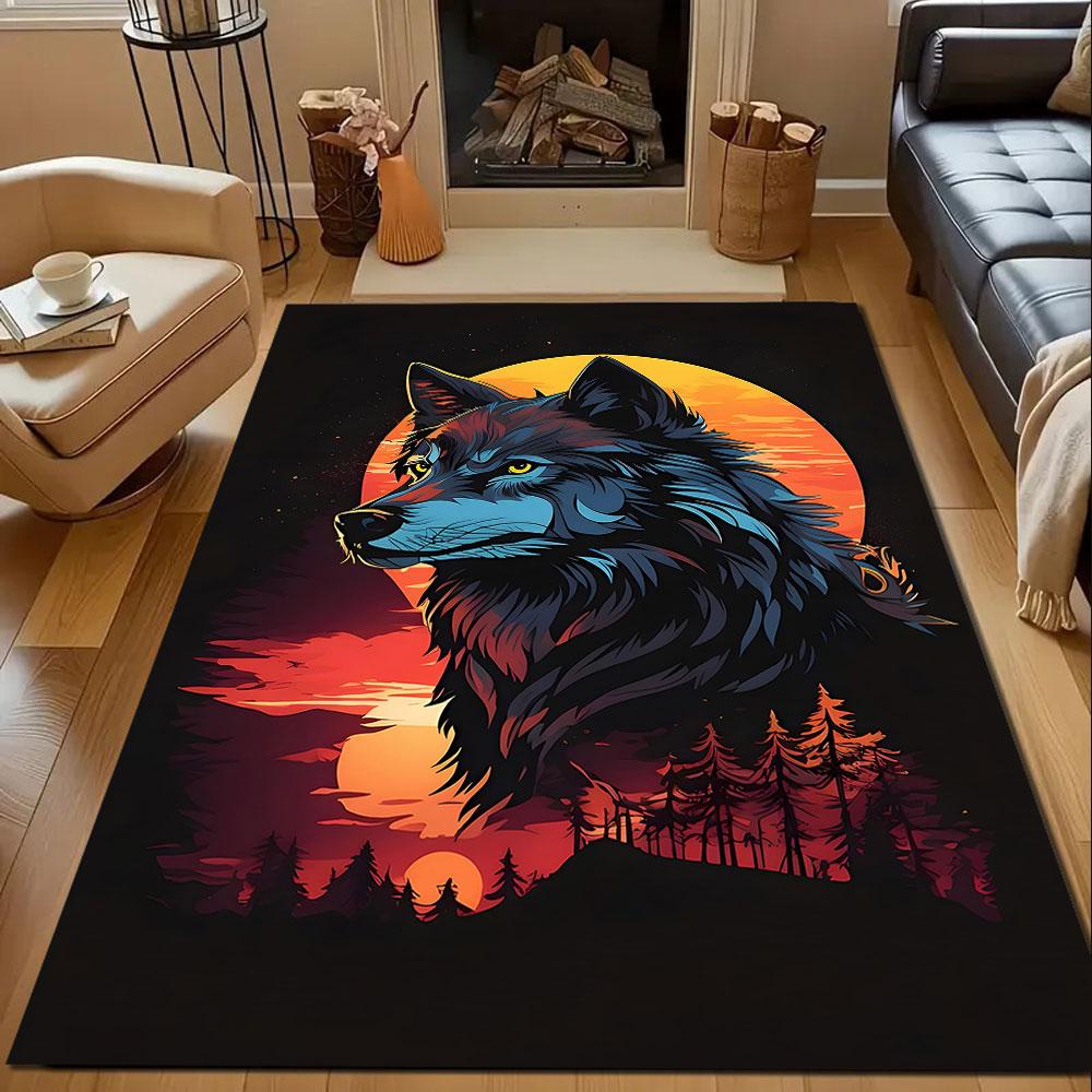 Wolf at Sunset Forest Fantasy Patterned carpet, non slip mat suitable for living room and bedroom sofas