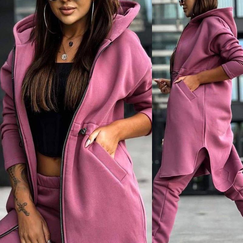 Women's Hooded Zipper Irregular Large Coat Mid Waist Pencil Pants Two-Piece Suit Autumn Winter Solid Color Printing Suit