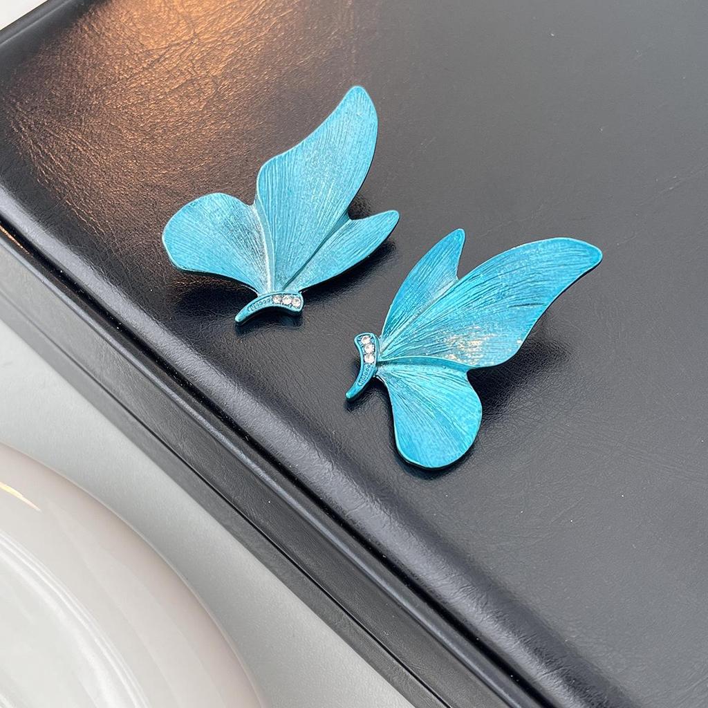 Elegant Blue Butterfly Silver Needle Earrings for Women - Unique, Classical Temperament Stud Jewelry