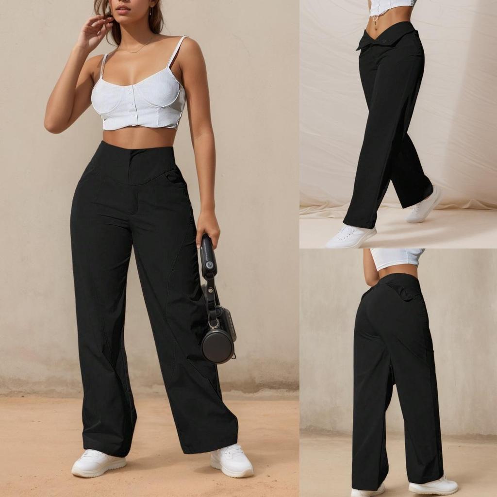 Rose Beauty A Women's Casual, Fashionable, Simple Solid-Colored Straight-Leg Pants Stretch wide legs Multiple buttons a row Trousers