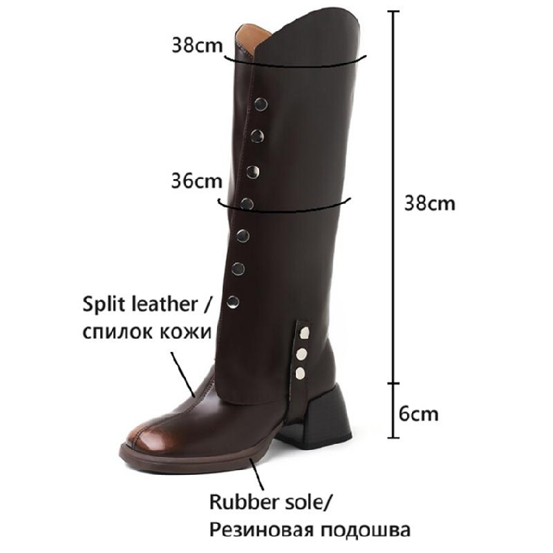 Fashion NEW Autumn Women Boots Split Leather Shoes for Women Round Toe Chunky Heel Designer Knee-high Boots Zipper Metal Button Boots