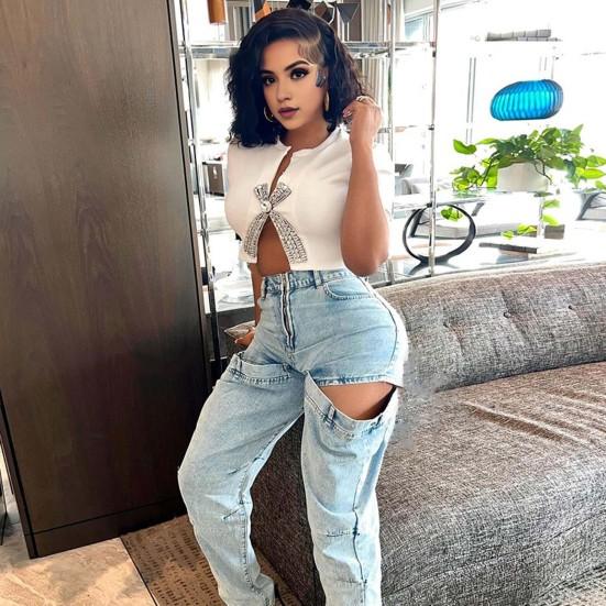 Summer Sexy Cropped Tops Bow Hot Drill Decor Navel Exposed Slit Design Tee Shirt Women Short