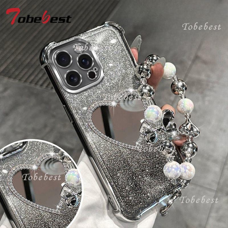 

Блестящий чехол-браслет с зеркалом любви для iPhone 16 16E 15 14 Plus 13 12 Mini 11 Pro XS Max XR X Ударопрочная силиконовая накладка iPhone 13 mini серебряный