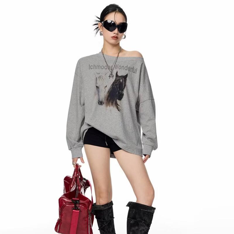 ICH MODE American Retro Off-Shoulder Long Sleeve T-Shirt S