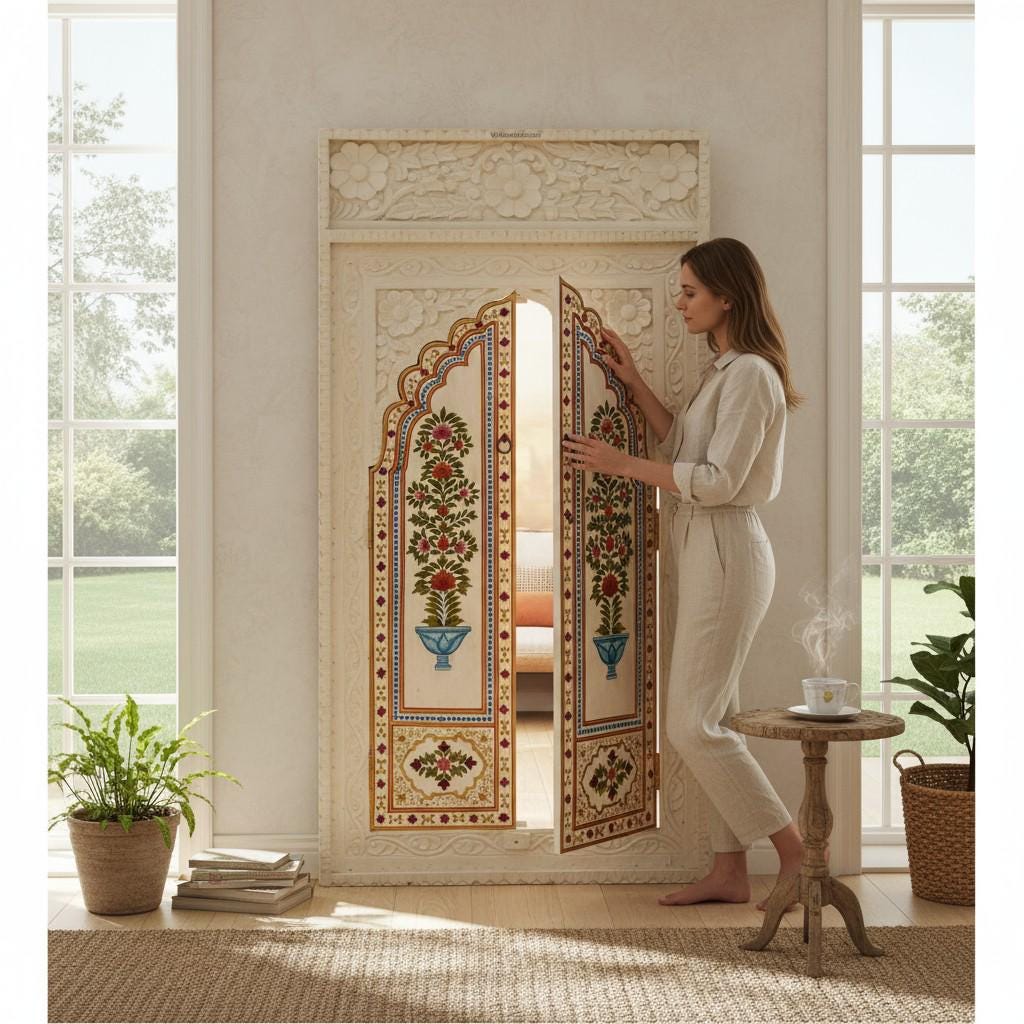 Hand-Painted Floral Wooden Wall Panel Indian Carved Faux Window Frame | Wall Style Jharokha Wall Art - 130 x 70 cm-Bedroom Decor Door Window