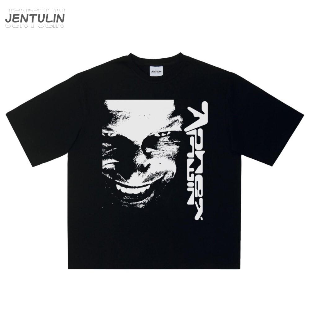 Harajuku Oversized Streetwear Pánské Tričko Aphex Twin Potisk Obličeje Vrcholy Bavlna Hip Hop Krátký Rukáv Oblečení Goth Y2k Trička