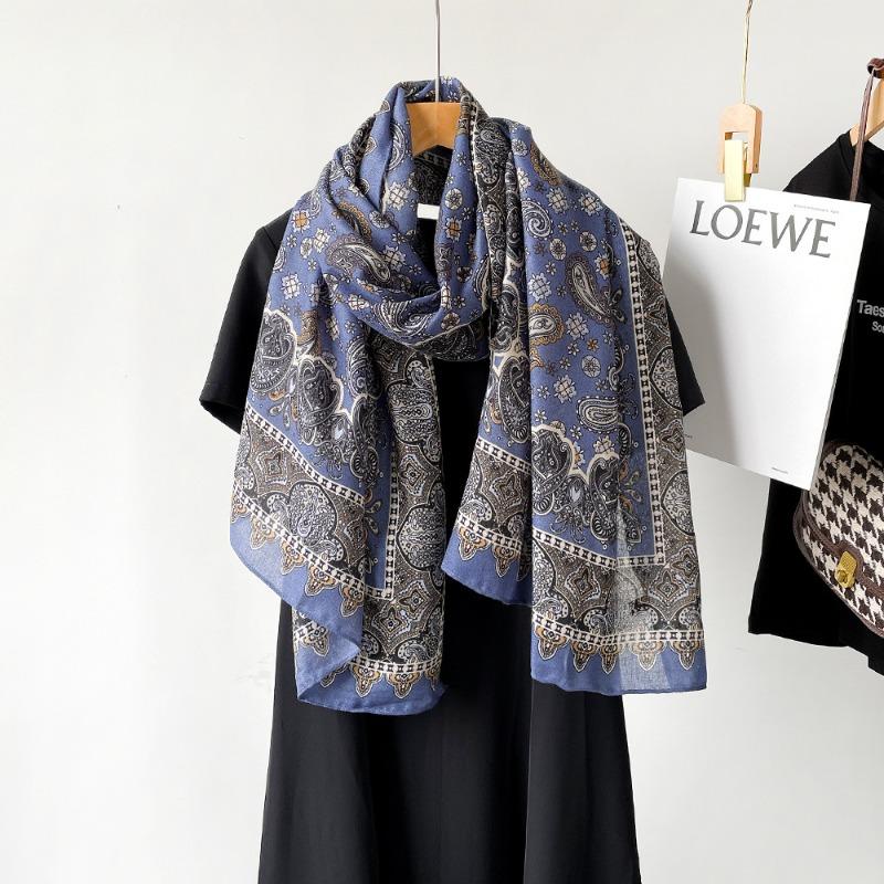 New Cotton and Linen Scarf Women's Autumn High-end Feeling Belt Buckle Printed Silk Scarf Angola Red Shawl