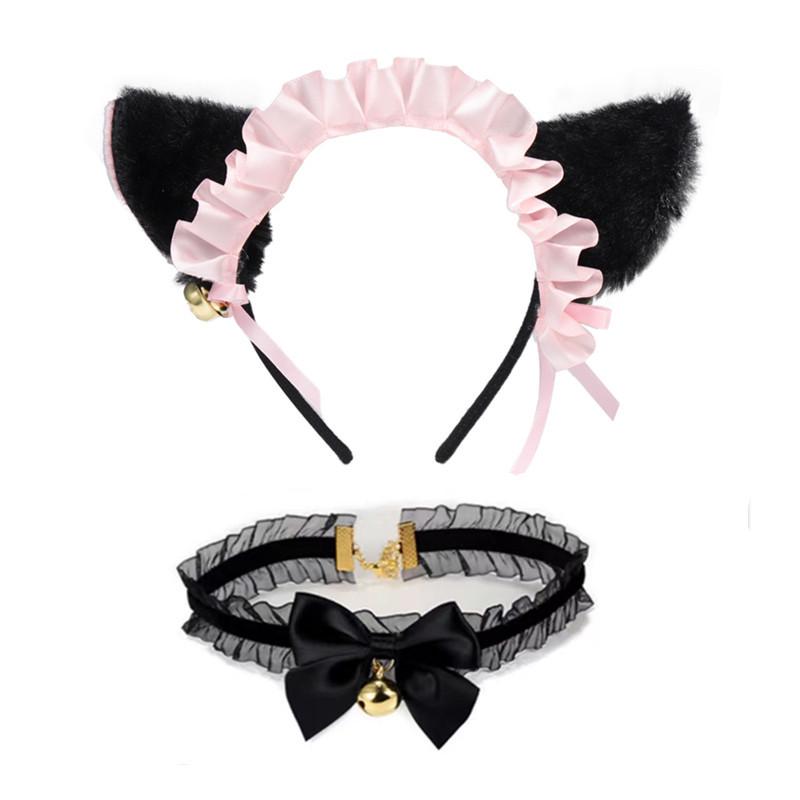 Cat Ear Bell Headband & Choker Set with Tail - Halloween Party Accessories
