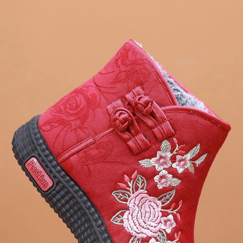 Winter Ethnic Style Embroidered High Boots Warm Non-Slip Soft-Soled Cotton Shoes for Elderly